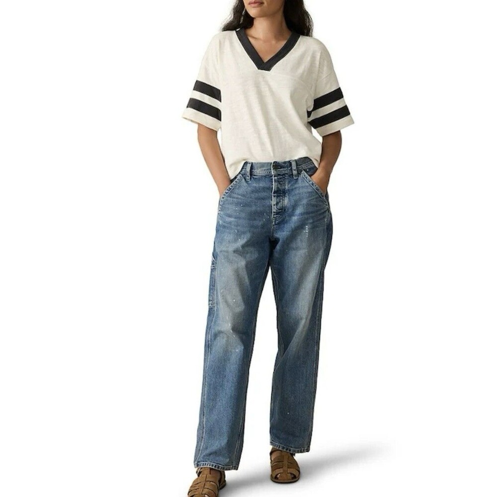 NWOT Faherty  Slub Varsity V Neck Tee Size Medium Striped Organic Cotton - Picture 5 of 13